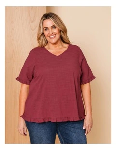 Short Frill Sleeve And Hem Top With V Neck In Burgandy