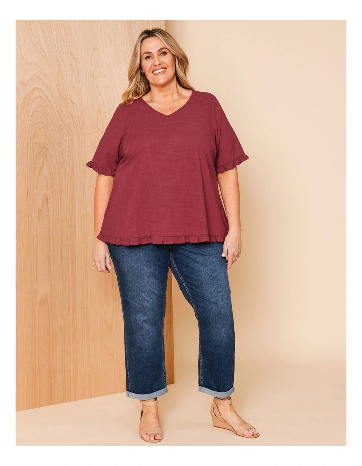 Short Frill Sleeve And Hem Top With V Neck In Burgandy image 2