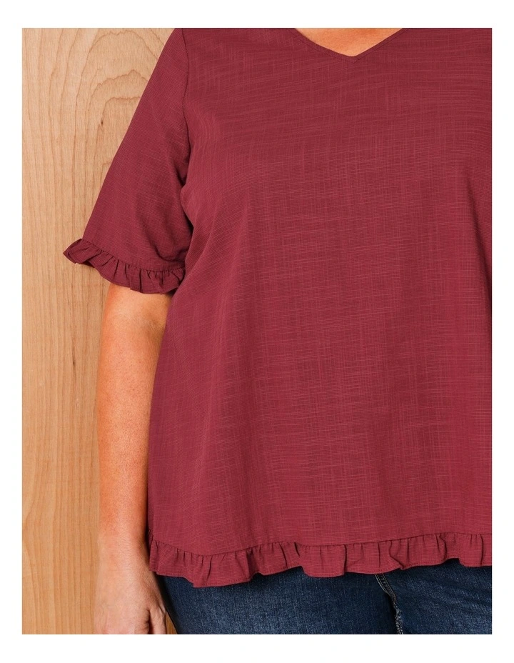 Short Frill Sleeve And Hem Top With V Neck In Burgandy image 3