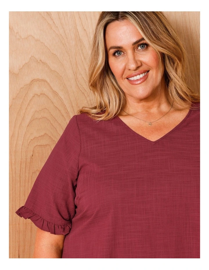 Short Frill Sleeve And Hem Top With V Neck In Burgandy image 4