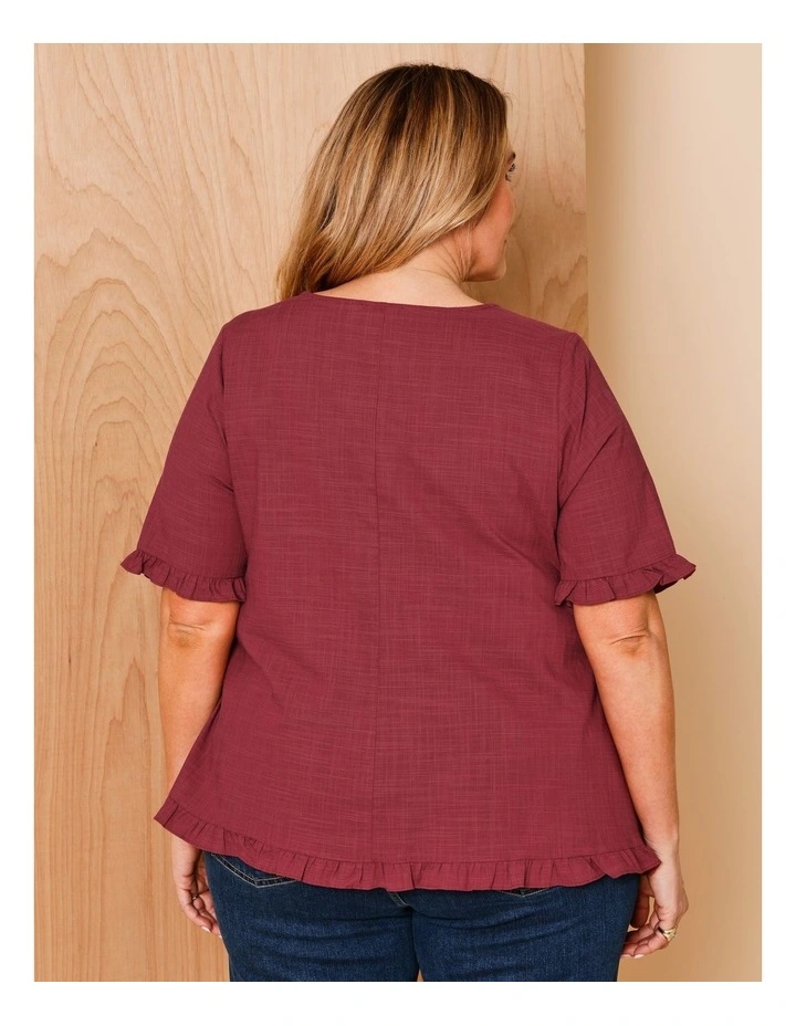 Short Frill Sleeve And Hem Top With V Neck In Burgandy image 5