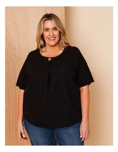 Short Sleeve Top With Button Neck in Black