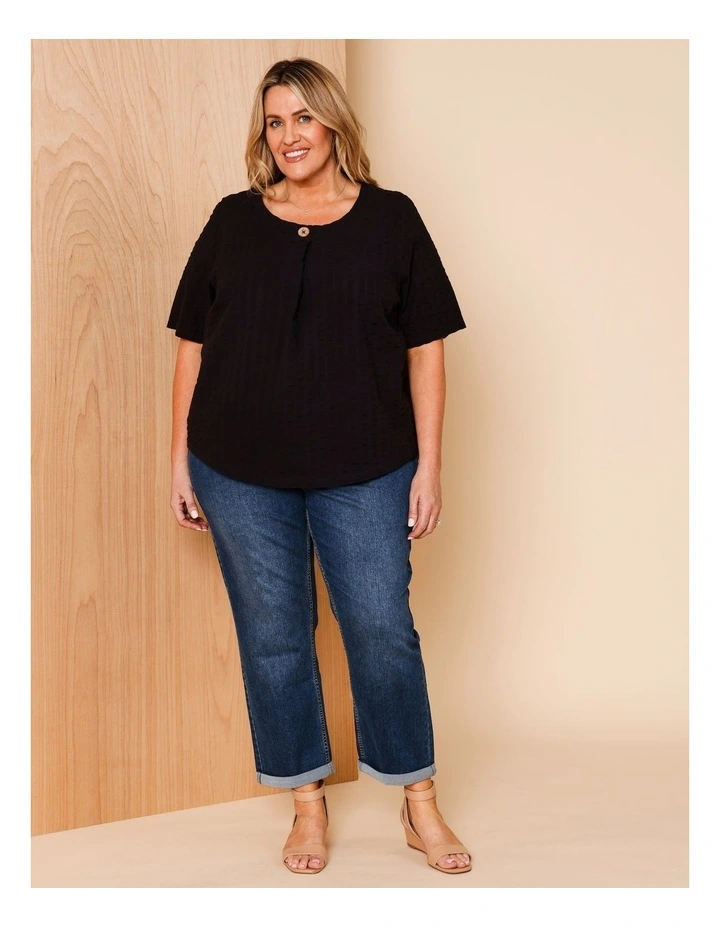 Short Sleeve Top With Button Neck in Black image 2