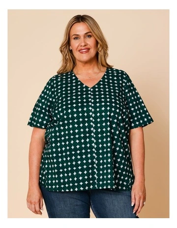 Short Sleeve V-neck Swing Hem Top With Round Pebble Print In Dark Green/White