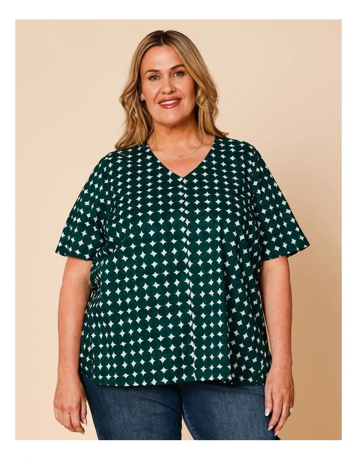 Short Sleeve V-neck Swing Hem Top With Round Pebble Print In Dark Green/White image 1