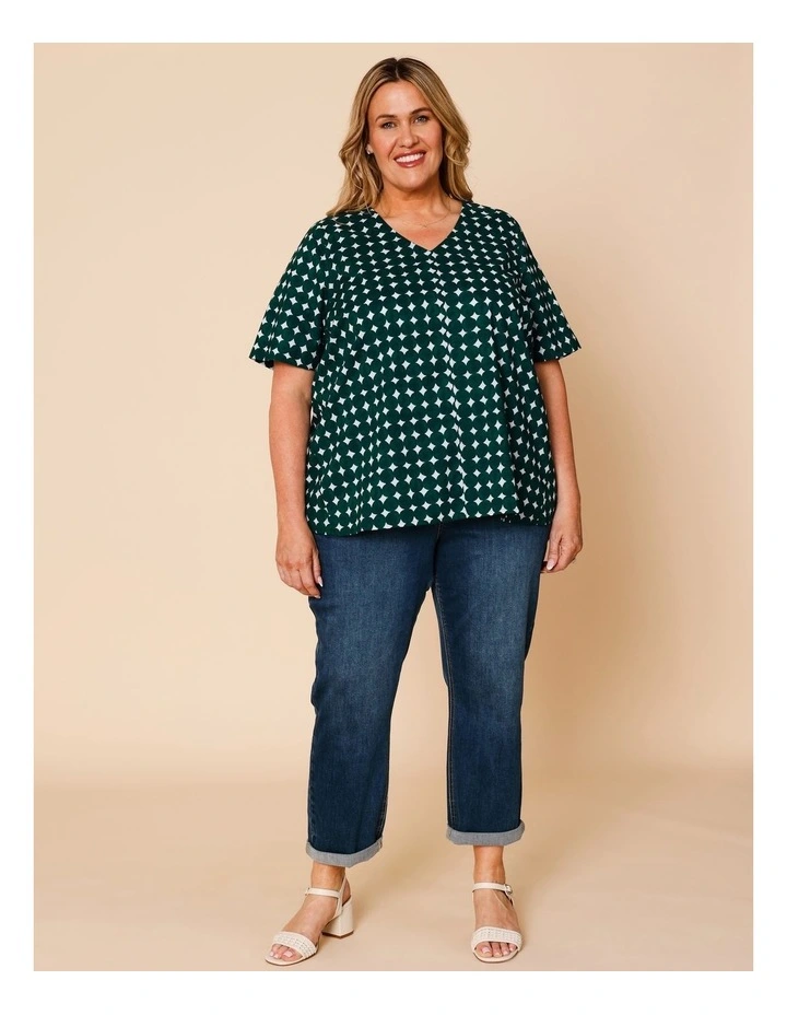 Short Sleeve V-neck Swing Hem Top With Round Pebble Print In Dark Green/White image 2