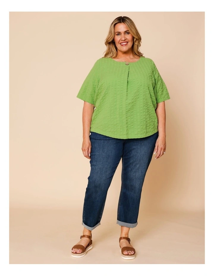 Short Sleeve Top With Button Neck In Green image 2