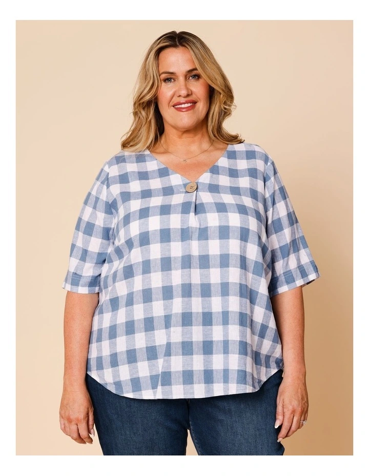 Short Sleeve V-neck Top With Button Neck In Blue/White Gingham image 1