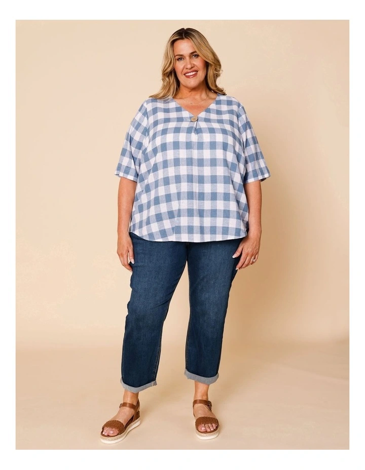 Short Sleeve V-neck Top With Button Neck In Blue/White Gingham image 2