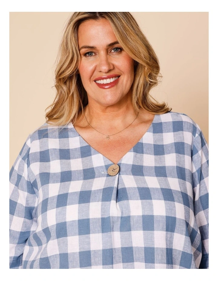 Short Sleeve V-neck Top With Button Neck In Blue/White Gingham image 3