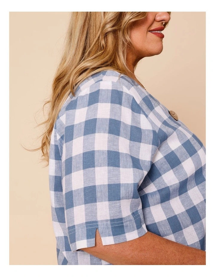 Short Sleeve V-neck Top With Button Neck In Blue/White Gingham image 4