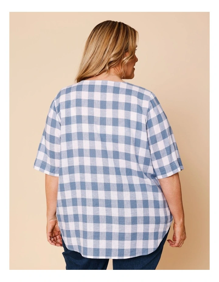 Short Sleeve V-neck Top With Button Neck In Blue/White Gingham image 5