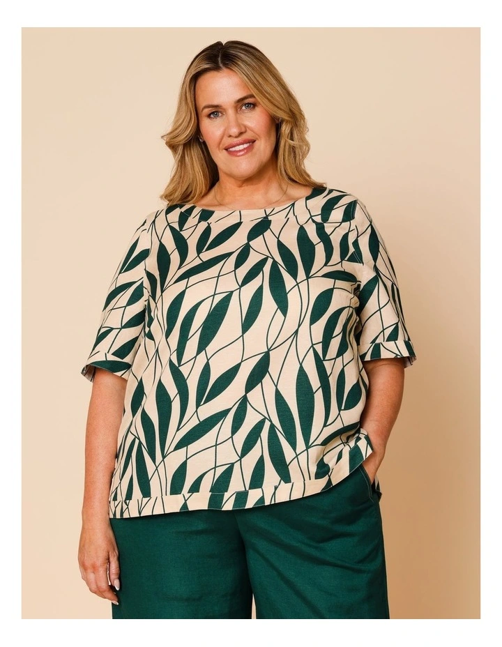 Short Sleeve Top With Curved Back Hem In Neutral/Forest Leaf Print image 1