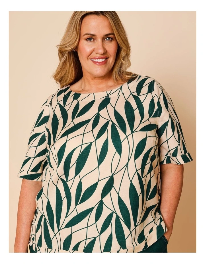 Short Sleeve Top With Curved Back Hem In Neutral/Forest Leaf Print image 3