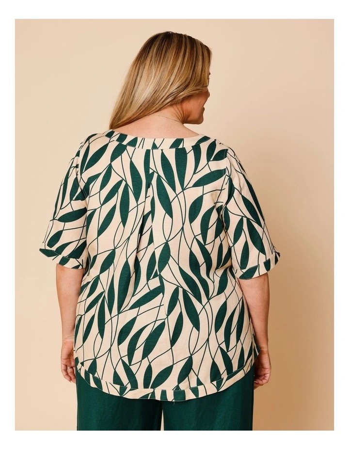 Short Sleeve Top With Curved Back Hem In Neutral/Forest Leaf Print image 4