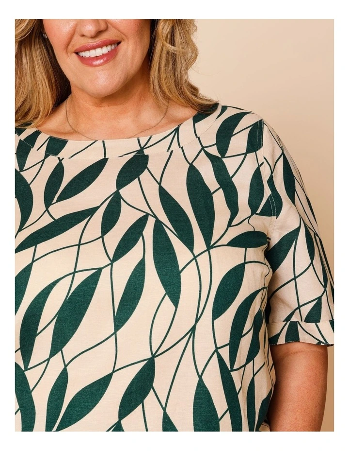 Short Sleeve Top With Curved Back Hem In Neutral/Forest Leaf Print image 5