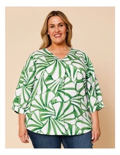 V-neck 3/4 Sleeve Full Sleeve Top In Green/White Tropical Leaf Print