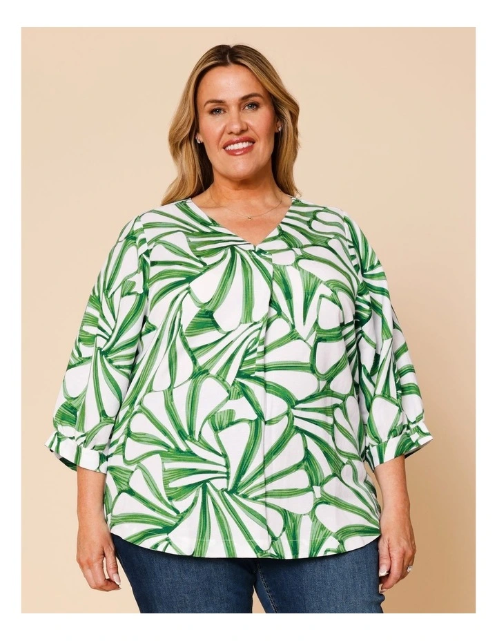 V-neck 3/4 Sleeve Full Sleeve Top In Green/White Tropical Leaf Print image 1