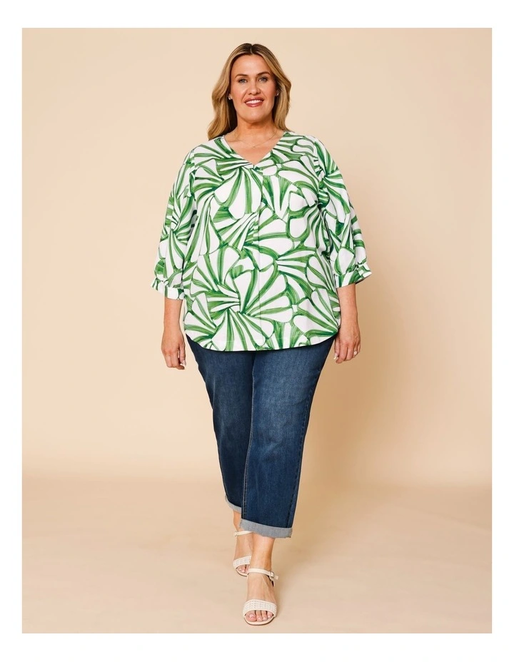 V-neck 3/4 Sleeve Full Sleeve Top In Green/White Tropical Leaf Print image 2