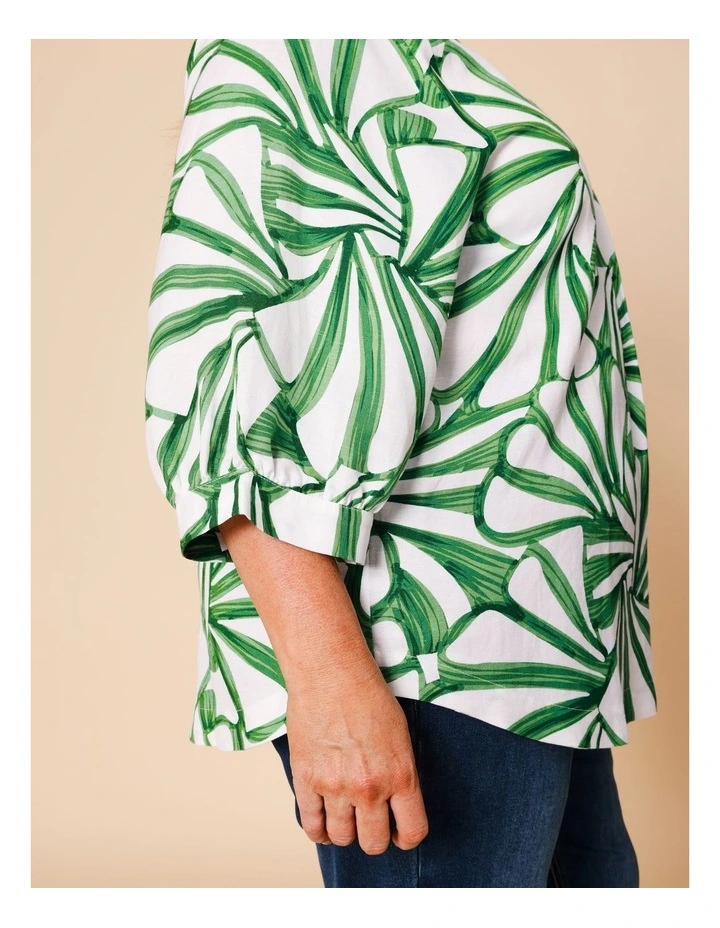 V-neck 3/4 Sleeve Full Sleeve Top In Green/White Tropical Leaf Print image 4