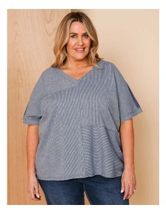Short Sleeve V-neck Spliced Woven Front Tee With Knit Back In Denim Fine Stripe