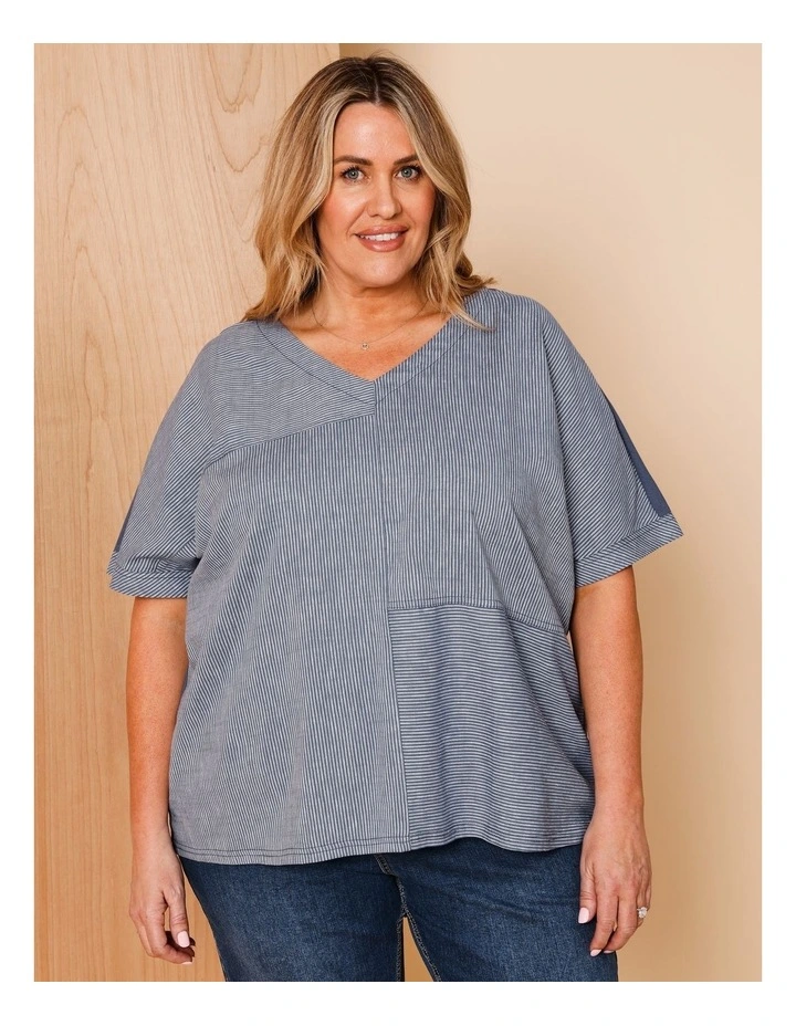 Short Sleeve V-neck Spliced Woven Front Tee With Knit Back In Denim Fine Stripe image 1