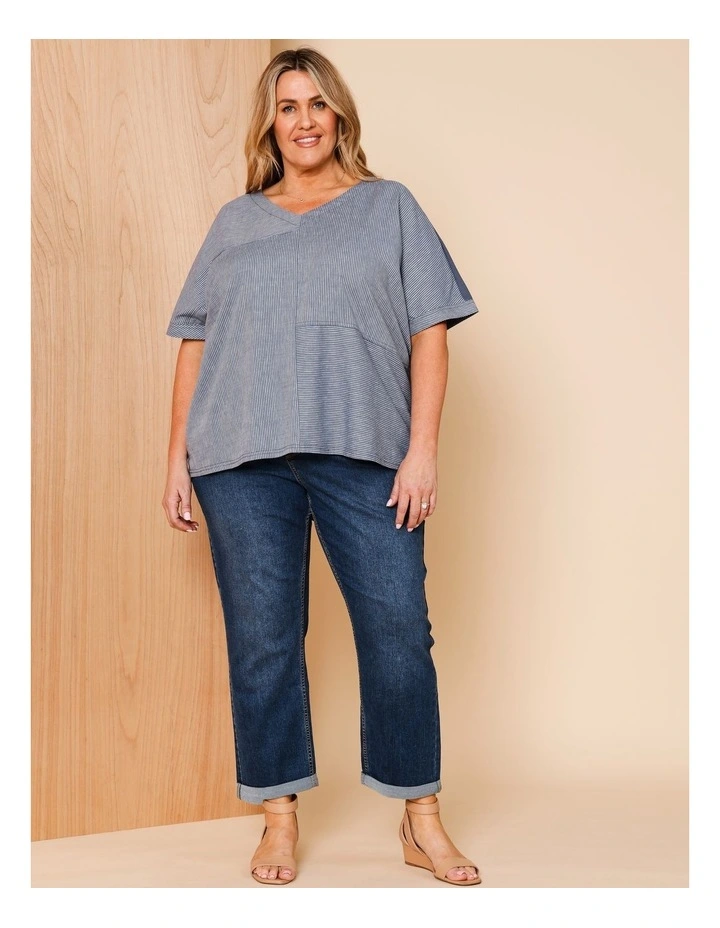Short Sleeve V-neck Spliced Woven Front Tee With Knit Back In Denim Fine Stripe image 2