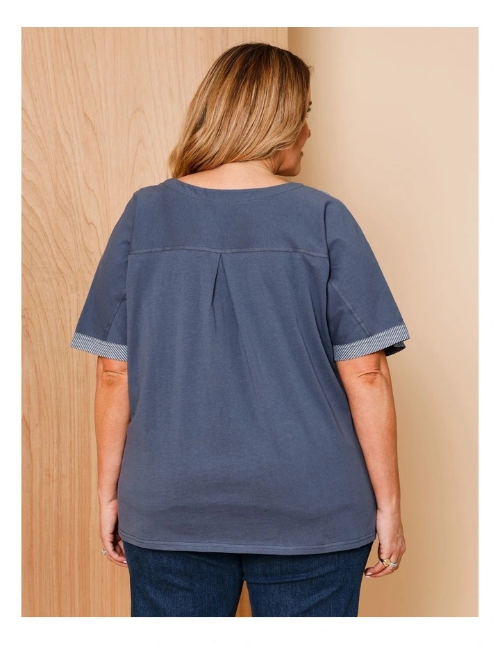 Short Sleeve V-neck Spliced Woven Front Tee With Knit Back In Denim Fine Stripe image 4