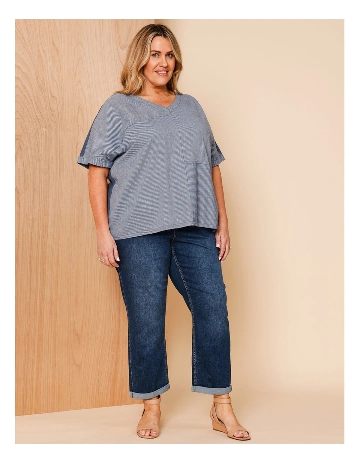 Short Sleeve V-neck Spliced Woven Front Tee With Knit Back In Denim Fine Stripe image 5