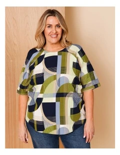 Raglan Short Sleeve Woven Front Tee With Knit Back In Navy/Avocado/White Geo Print