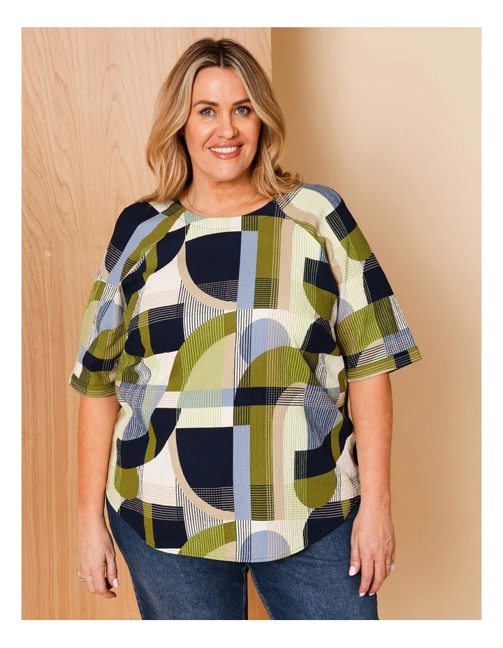 Raglan Short Sleeve Woven Front Tee With Knit Back In Navy/Avocado/White Geo Print image 1