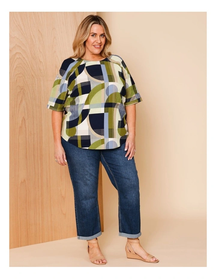 Raglan Short Sleeve Woven Front Tee With Knit Back In Navy/Avocado/White Geo Print image 2