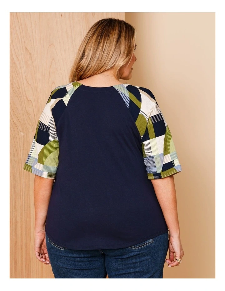 Raglan Short Sleeve Woven Front Tee With Knit Back In Navy/Avocado/White Geo Print image 6