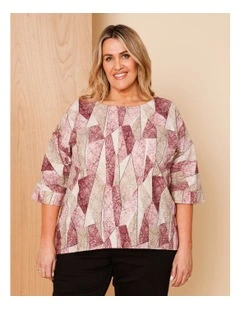 Woven Front With Knit Back 3/4 Sleeve Tee In Pink/Neutral Shard Print