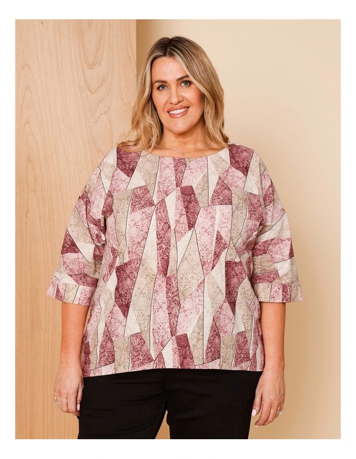 Woven Front With Knit Back 3/4 Sleeve Tee In Pink/Neutral Shard Print image 1
