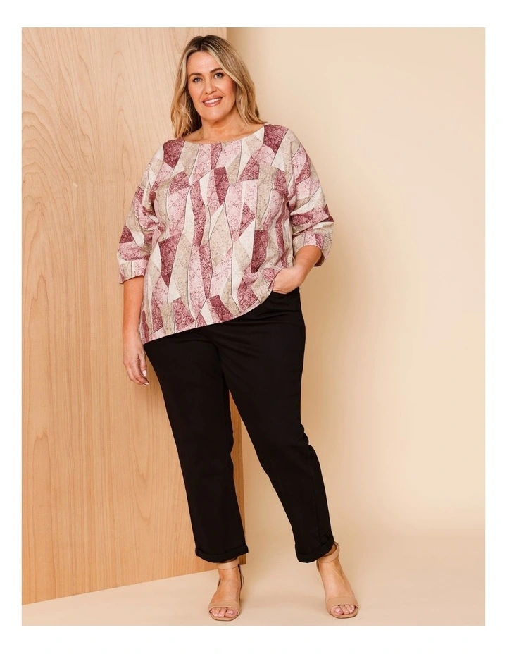 Woven Front With Knit Back 3/4 Sleeve Tee In Pink/Neutral Shard Print image 2