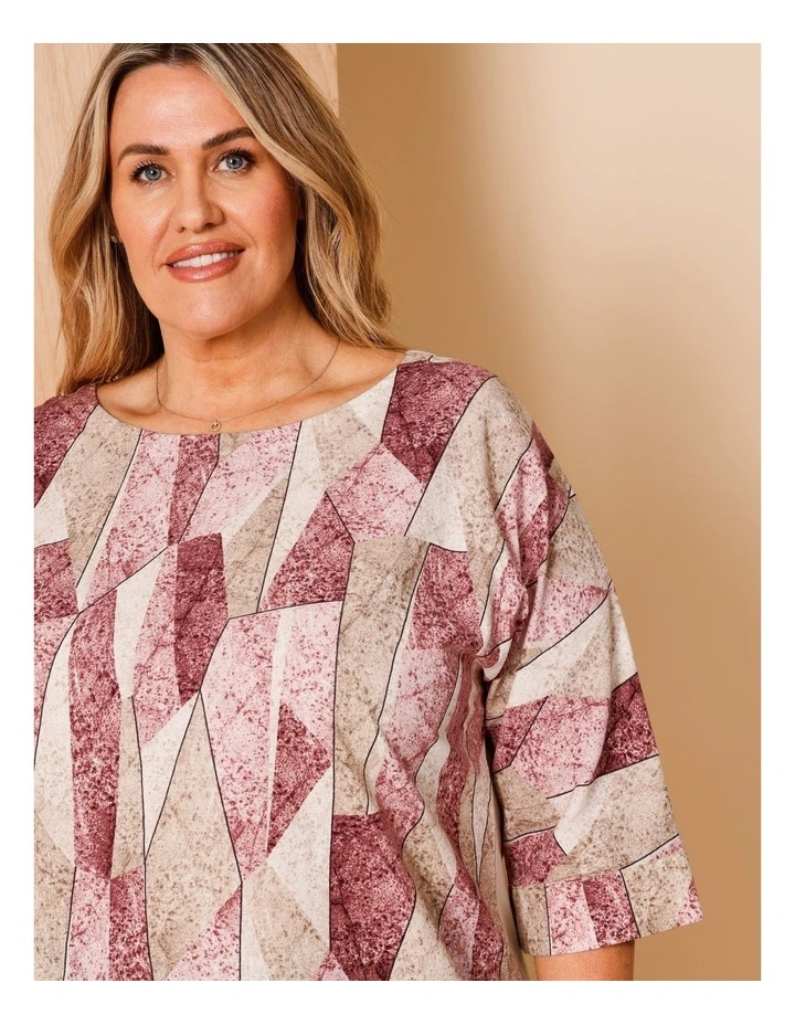 Woven Front With Knit Back 3/4 Sleeve Tee In Pink/Neutral Shard Print image 3