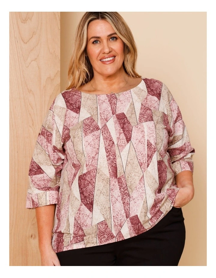 Woven Front With Knit Back 3/4 Sleeve Tee In Pink/Neutral Shard Print image 4