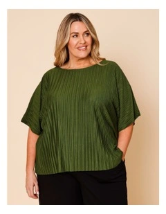 Plisse Elbow Length Sleeves Tee In Green