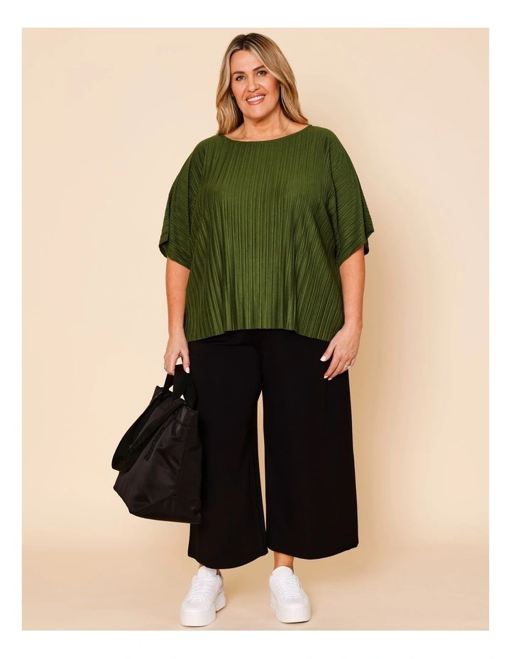 Plisse Elbow Length Sleeves Tee In Green image 2
