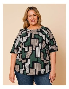 Raglan Short Sleeve Woven Front Tee With Knit Back In Green/Black/Neutral Geo Print