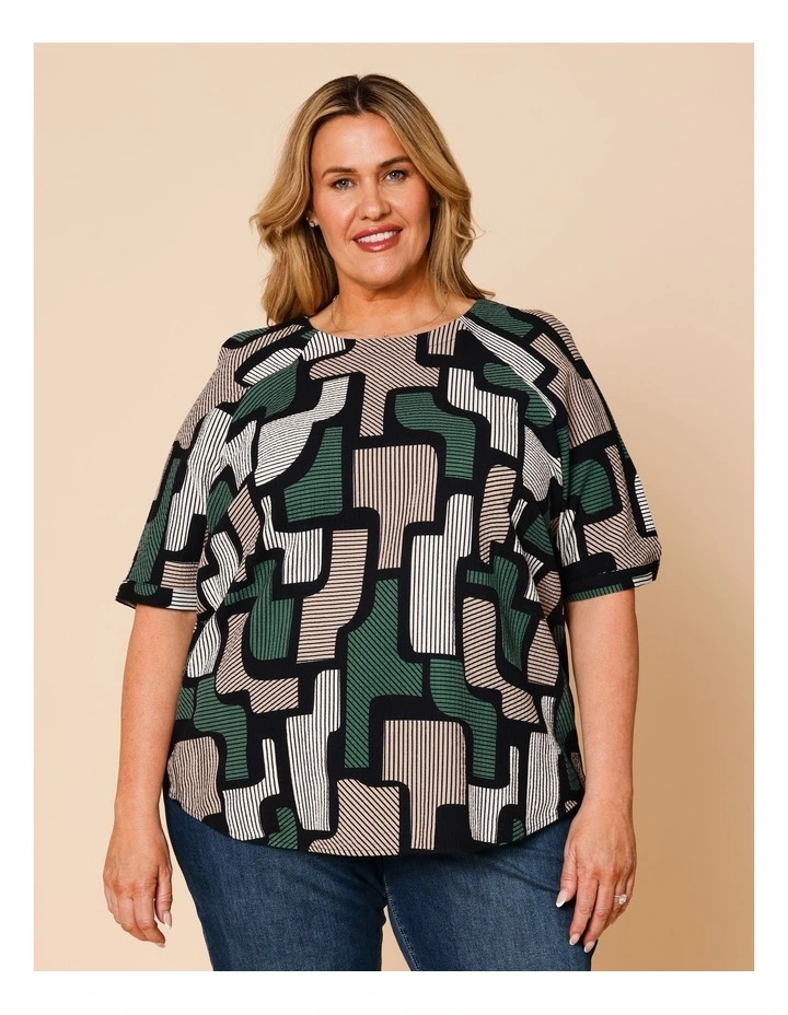 Raglan Short Sleeve Woven Front Tee With Knit Back In Green/Black/Neutral Geo Print image 1