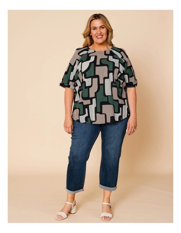 Raglan Short Sleeve Woven Front Tee With Knit Back In Green/Black/Neutral Geo Print image 2