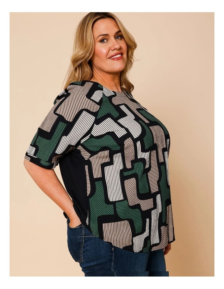 Raglan Short Sleeve Woven Front Tee With Knit Back In Green/Black/Neutral Geo Print image 3
