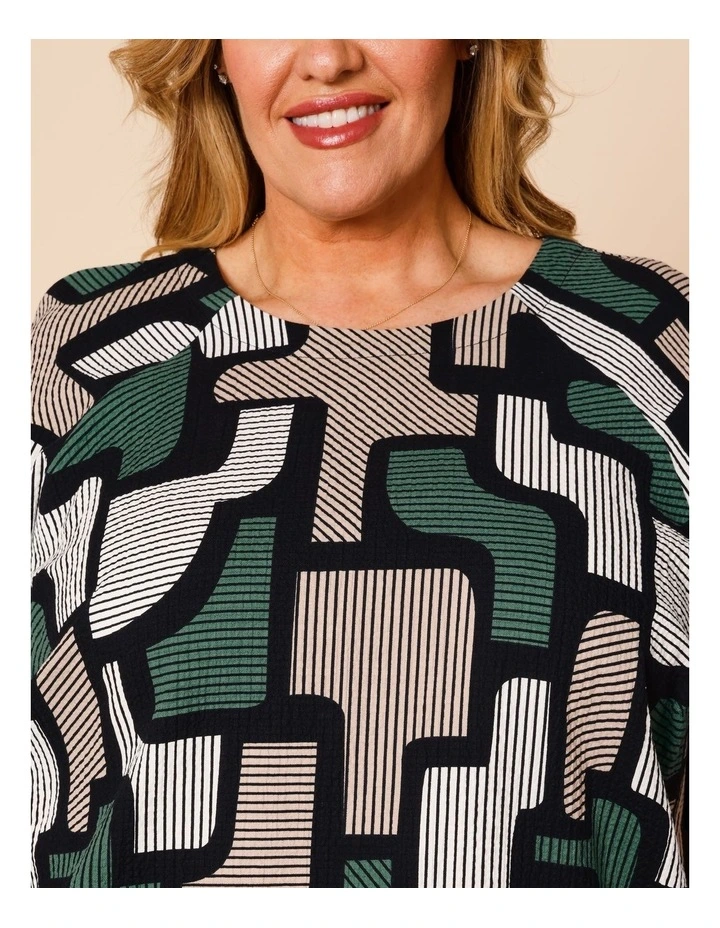 Raglan Short Sleeve Woven Front Tee With Knit Back In Green/Black/Neutral Geo Print image 4