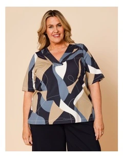 Short Sleeve V-neck Tee In Blues Print