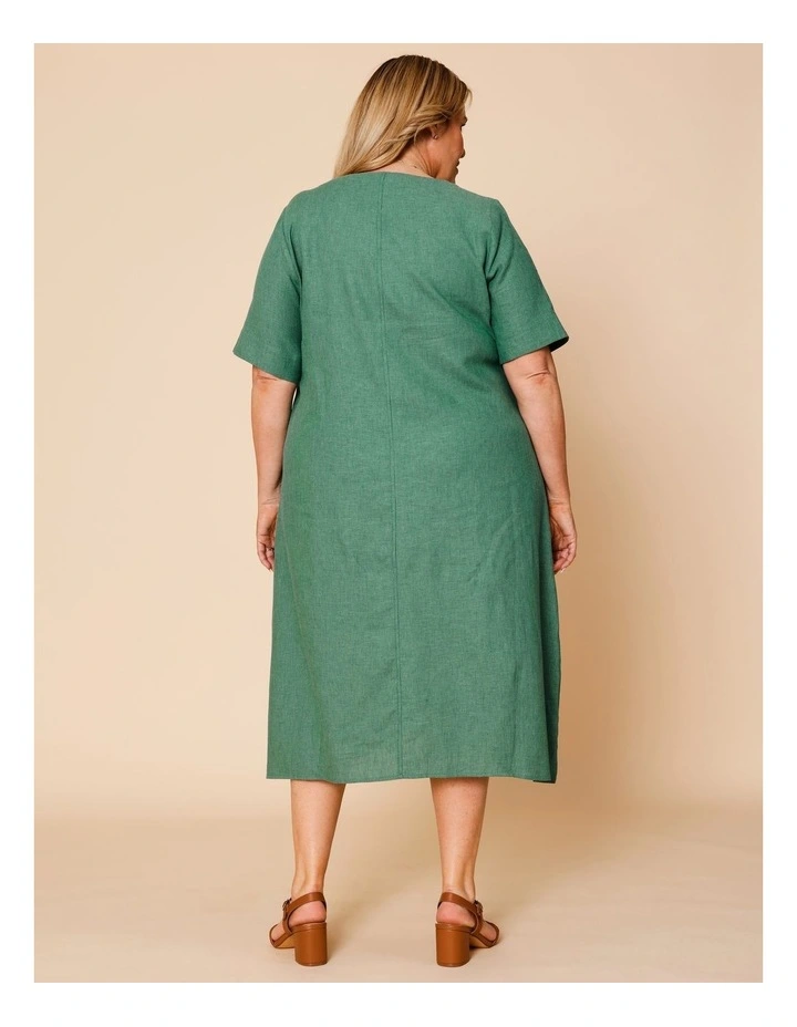 Short Sleeve Dress With Shaped Waist And Pockets In Green image 5