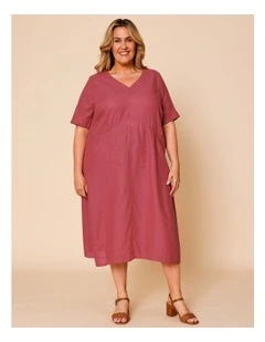 Short Sleeve Dress With Shaped Waist And Pockets In Burgandy