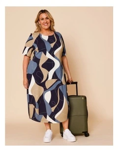 Short Sleeve Knit Dress With Darted Hem And Pockets In Blues Print