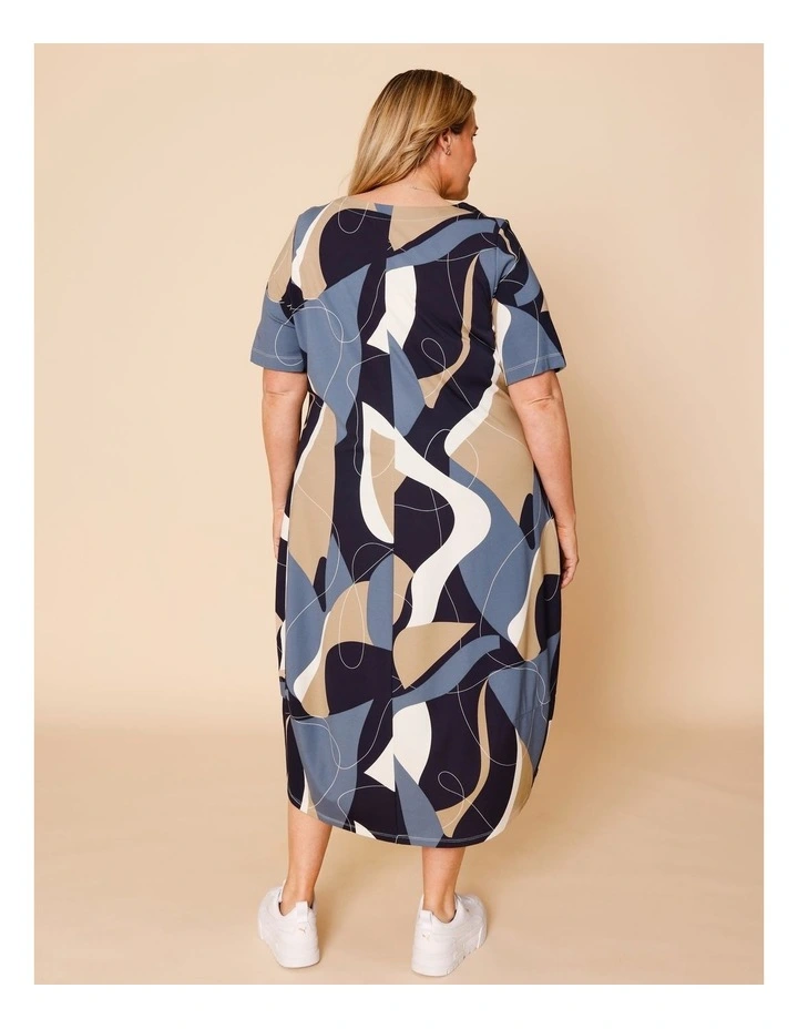 Short Sleeve Knit Dress With Darted Hem And Pockets In Blues Print image 6